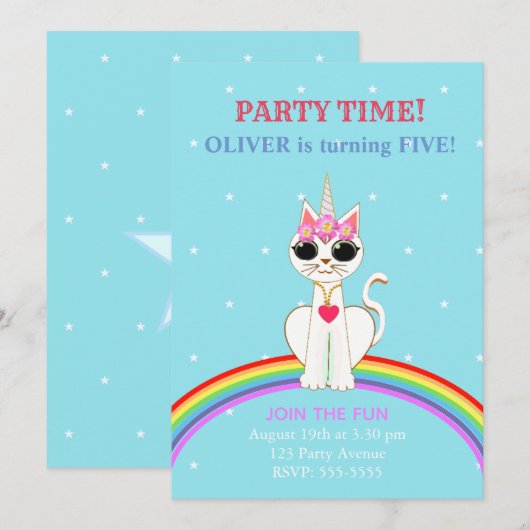 Cute Kitticorn Birthday Party Kaart (Voorkant / Achterkant)