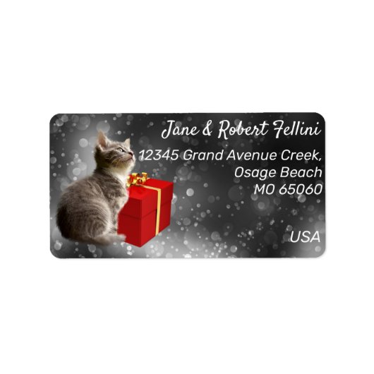 Cute kittot red giftbox festive custom address etiket (Voorkant)