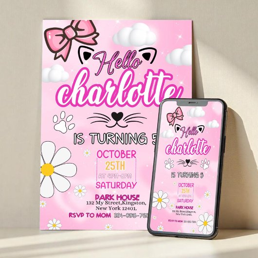 Cute Kitty Birthday Invitation, Kitty Birthday Inv Kaart