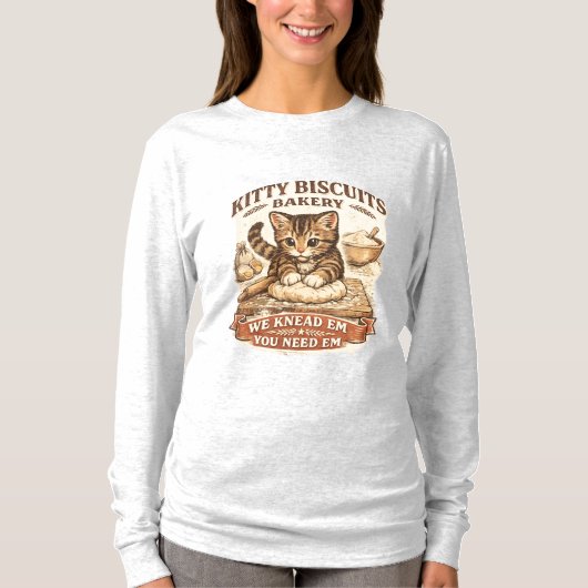 Cute Kitty Biscuits Bakery "We Knead 'Em" Pun T-shirt (Voorkant)