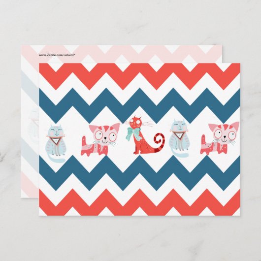 Cute Kitty Blue Coral Chevron Stripes Pattern Briefkaart (Voorkant / Achterkant)