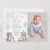 Cute Kitty Cat 1e verjaardagsfeestje foto  Kaart (Voorkant)