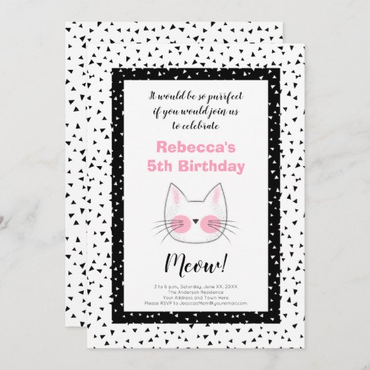 Cute Kitty Cat 5th Birthday Party Retro Uitnodigin Aankondiging (Voorkant / Achterkant)