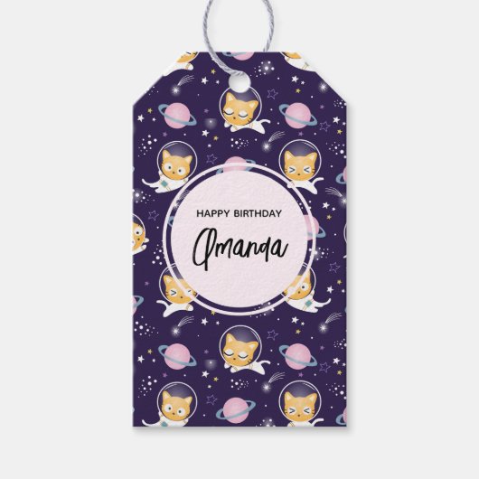 Cute Kitty Cat Astronauts Pattern Birthday Cadeaulabel (Voorkant)