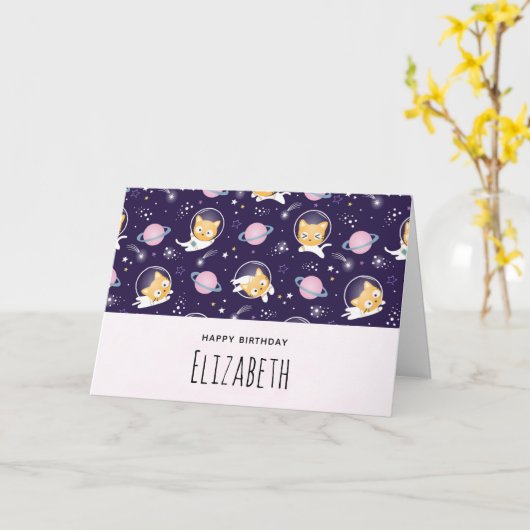 Cute Kitty Cat Astronauts Pattern Birthday Kaart (Gele Bloem)