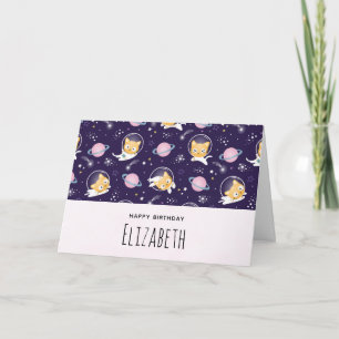 Cute Kitty Cat Astronauts Pattern Birthday Kaart
