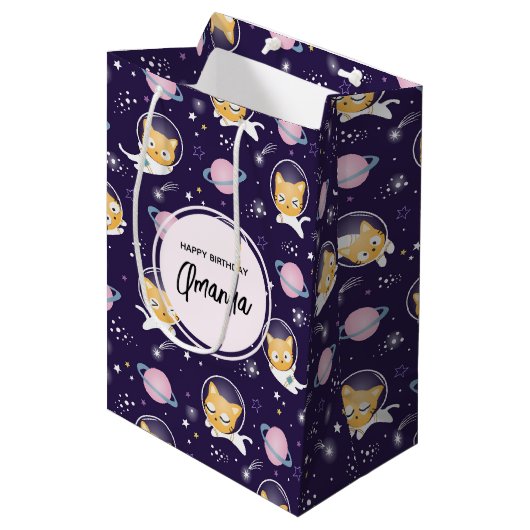 Cute Kitty Cat Astronauts Pattern Birthday Medium Cadeauzakje (Voorkant Gekanteld)