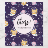Cute Kitty Cat Astronauts Pattern Cheers Wijn Etiket (Enkel label)