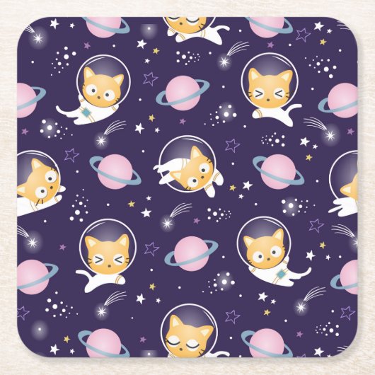 Cute Kitty Cat Astronauts Pattern Kartonnen Onderzetters (Voorkant)
