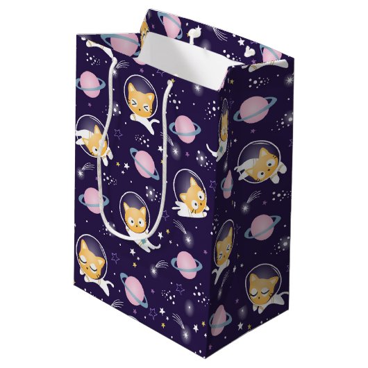 Cute Kitty Cat Astronauts Pattern Medium Cadeauzakje (Achterkant Gekanteld)