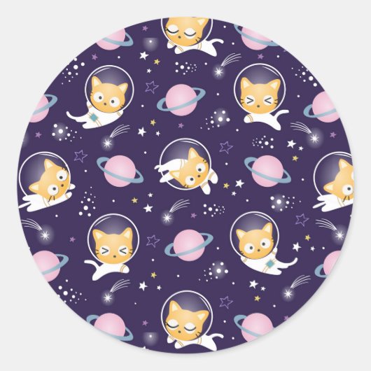 Cute Kitty Cat Astronauts Pattern Ronde Sticker (Voorkant)