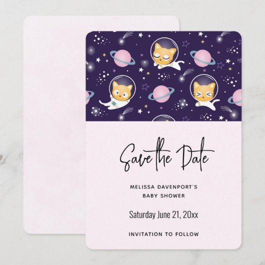 Cute Kitty Cat Astronauts Pattern Save the Date (Voorkant / Achterkant)