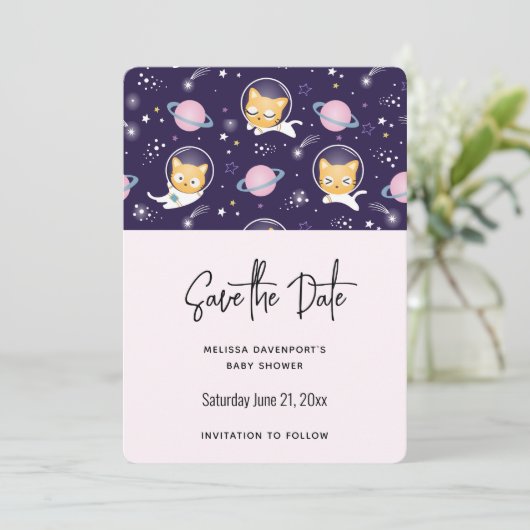 Cute Kitty Cat Astronauts Pattern Save the Date (Staand voorkant)