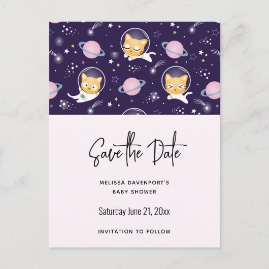 Cute Kitty Cat Astronauts Pattern Save the Date Uitnodiging Briefkaart (Voorkant)
