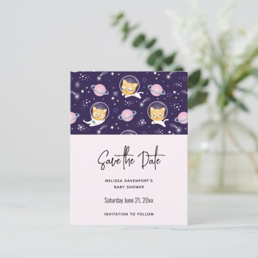 Cute Kitty Cat Astronauts Pattern Save the Date Uitnodiging Briefkaart (Staand voorkant)