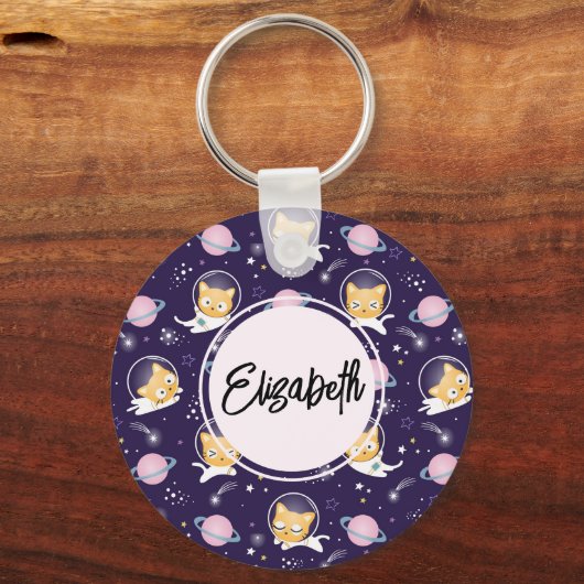 Cute Kitty Cat Astronauts Pattern Sleutelhanger (Voorkant)