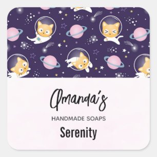 Cute Kitty Cat Astronauts Pattern Soap Business Vierkante Sticker