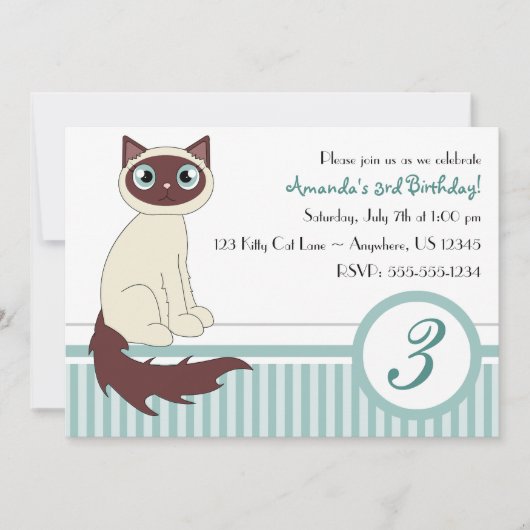 Cute Kitty Cat Birthday Party Invitation - Blue Kaart (Voorkant)