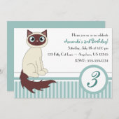 Cute Kitty Cat Birthday Party Invitation - Blue Kaart (Voorkant / Achterkant)