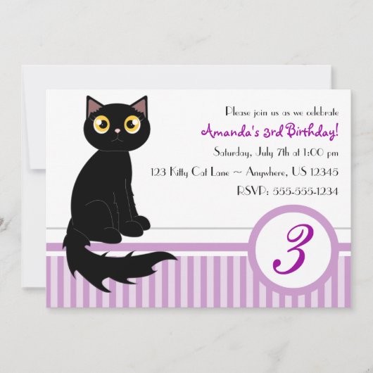 Cute Kitty Cat Birthday Party Invitation - Paars Kaart (Voorkant)