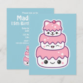 Cute Kitty Cat Cake Birthday Party Invitations Kaart (Voorkant / Achterkant)