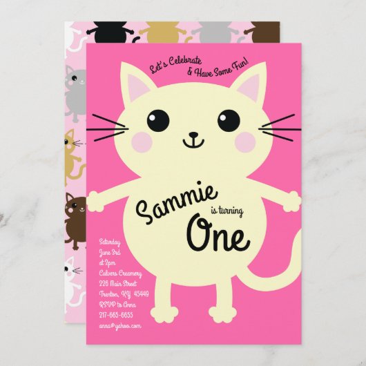 Cute Kitty Cat Colorful 1st Birthday Invitation Kaart (Voorkant / Achterkant)