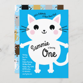 Cute Kitty Cat Colorful 1st Birthday Invitation Kaart