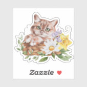 Cute Kitty Cat Daffodils Daisies Flowers Sticker (Vel)