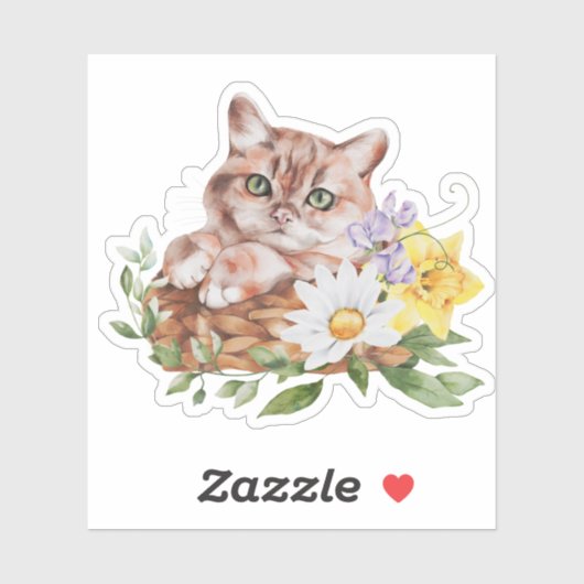 Cute Kitty Cat Daffodils Daisies Flowers Sticker (Vel)