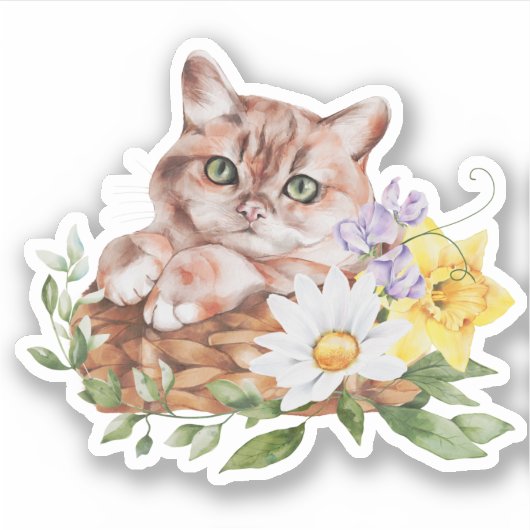 Cute Kitty Cat Daffodils Daisies Flowers Sticker (Voorkant)