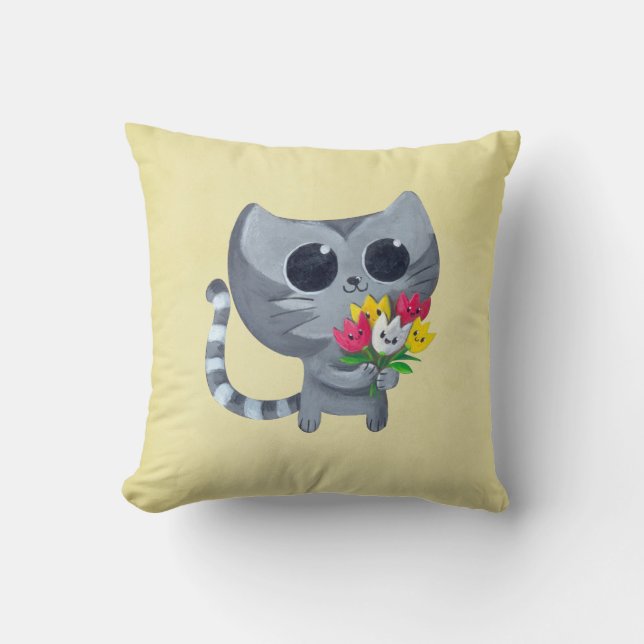 Cute Kitty Cat en bloemen Kussen (Voorkant)