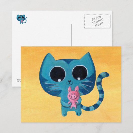 Cute Kitty Cat en Pig Briefkaart (Voorkant / Achterkant)