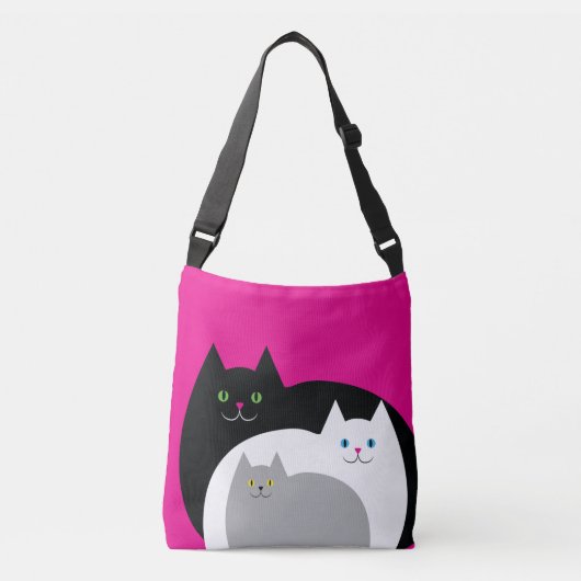 Cute Kitty Cat Family White Pink and Black Crossbody Tas (Voorkant)