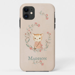 Cute Kitty Cat Floral  Eenvoudig Monogram Case-Mate iPhone Case