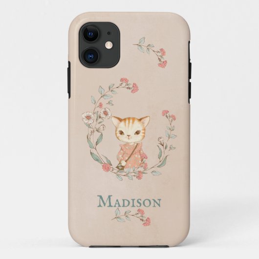 Cute Kitty Cat Floral Eenvoudig Monogram Case-Mate iPhone Case (Achterkant)