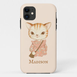 Cute Kitty Cat Floral  Eenvoudig Monogram Case-Mate iPhone Case