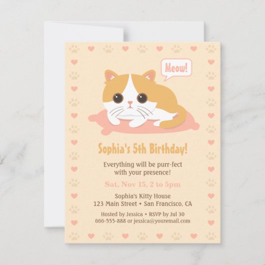 Cute Kitty Cat Girls Birthday Party Invitations Kaart (Voorkant)