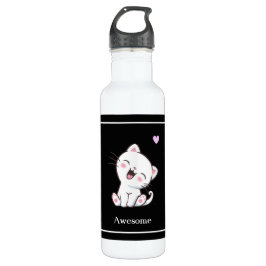 Cute Kitty Cat & Heart op Black Waterfles