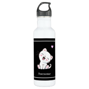 Cute Kitty Cat & Heart op Black Waterfles