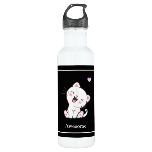 Cute Kitty Cat & Heart op Black Waterfles (Voorkant)