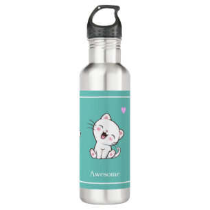 Cute Kitty Cat & Heart op Blauwgroen Waterfles