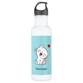 Cute Kitty Cat & Heart op Light Blue Waterfles
