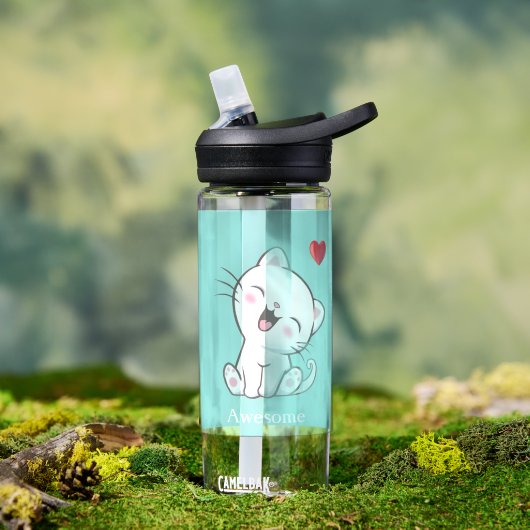 Cute Kitty Cat & Heart op Light Blue Waterfles (Buiten)
