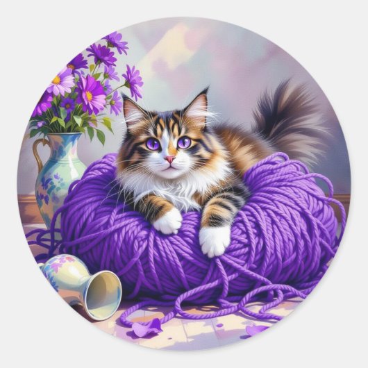 Cute Kitty Cat in Ball of Purple Yarn Ronde Sticker (Voorkant)