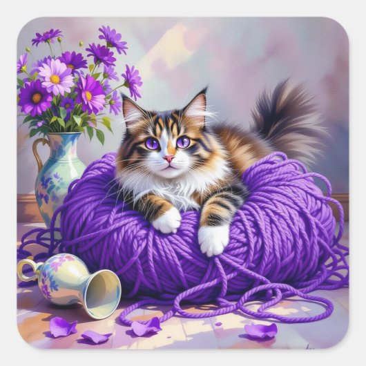 Cute Kitty Cat in Ball of Purple Yarn Vierkante Sticker (Voorkant)