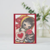 Cute Kitty Cat in Bonnet Valentijn 1950 Briefkaart (Staand voorkant)