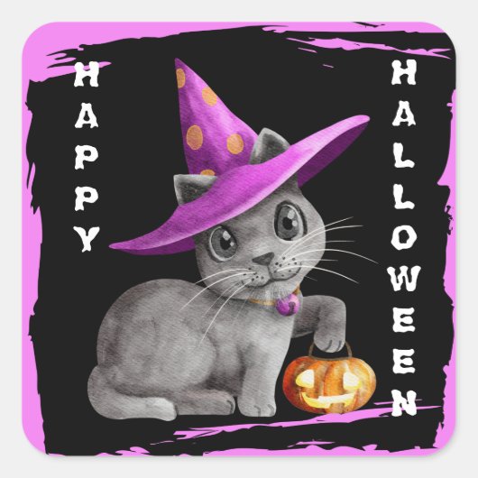 Cute Kitty Cat Kinder Halloween Vierkante Sticker (Voorkant)