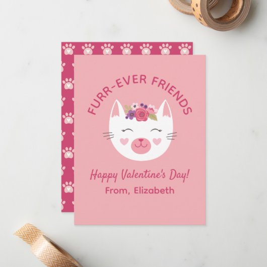 Cute Kitty Cat Kinder Valentijnsdag Classroom Notitiekaartje (Voorkant / Achterkant in situ)