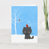 Cute Kitty Cat & Little Red Birds White Kerstmis Feestdagen Kaart (Voorkant)