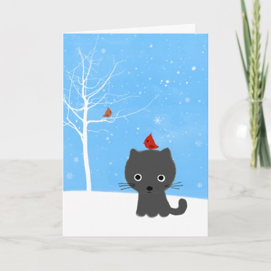Cute Kitty Cat & Little Red Birds White Kerstmis Feestdagen Kaart (Voorkant)